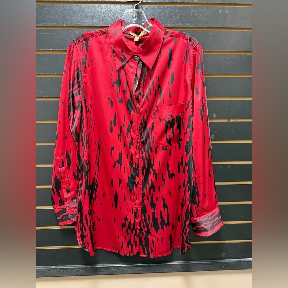 Ellen Tracy Red Black Abstract Button-Front Blouse NWT Size M